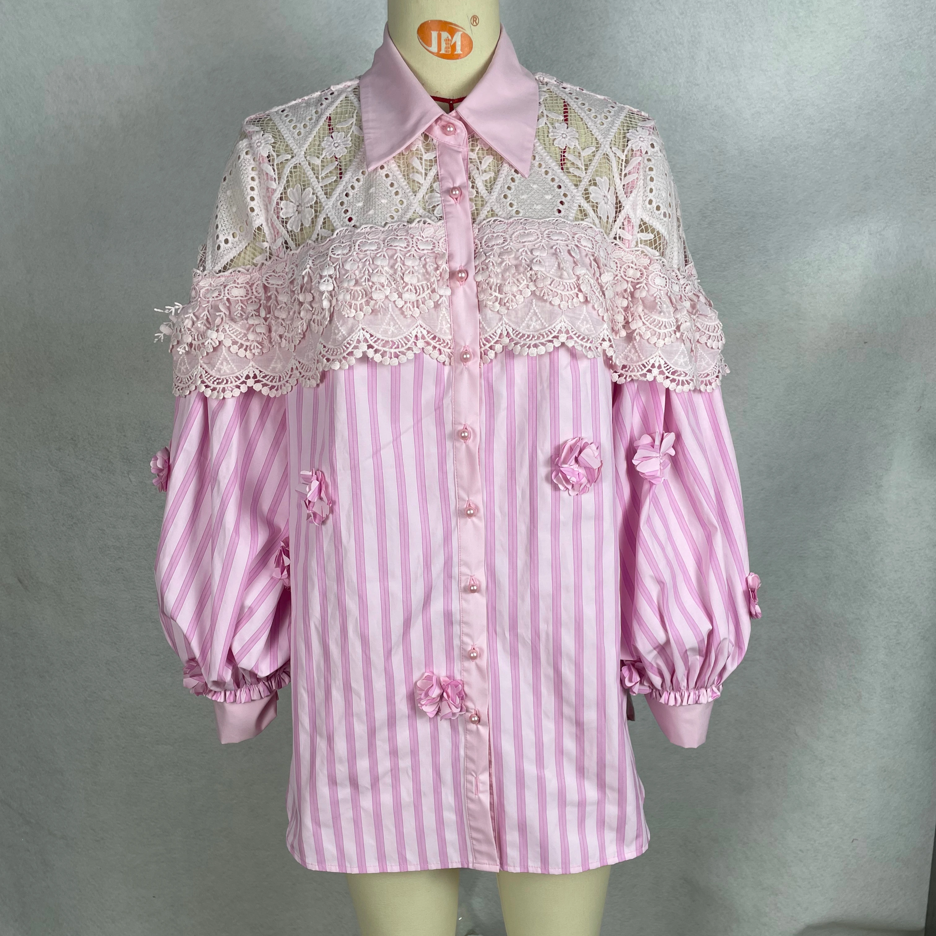 Lady's Striped Casual And Fashionable Long Shirt With Shoulder Cutout Lace And Button Decoration Woven Loose Fit For Summer