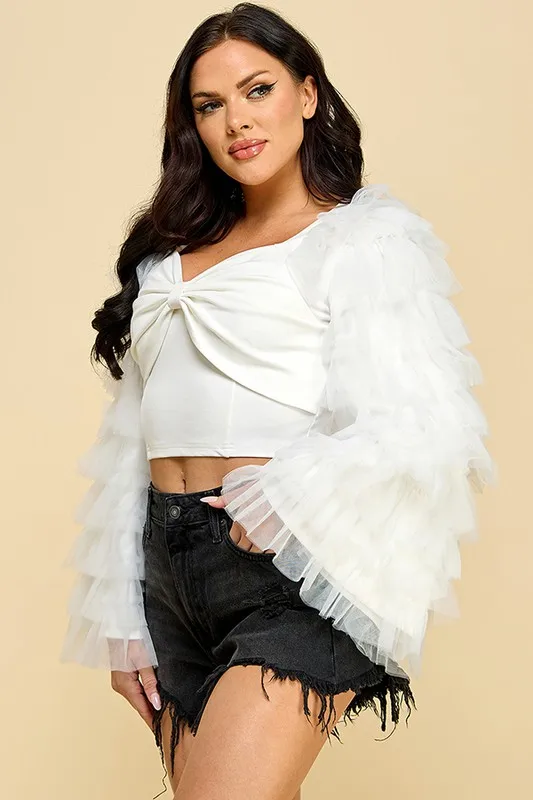 Women's White Tulle - Ruffled Crop Top With Bow - Flared Sleeves, Elegant Style, Ideal For Party Gatherings