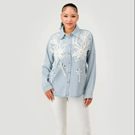 Women's Casual Long-sleeved Denim Shirt Embroidered Details Button-down Vintage Streetwear Style Tassel For Winter Daily Wear