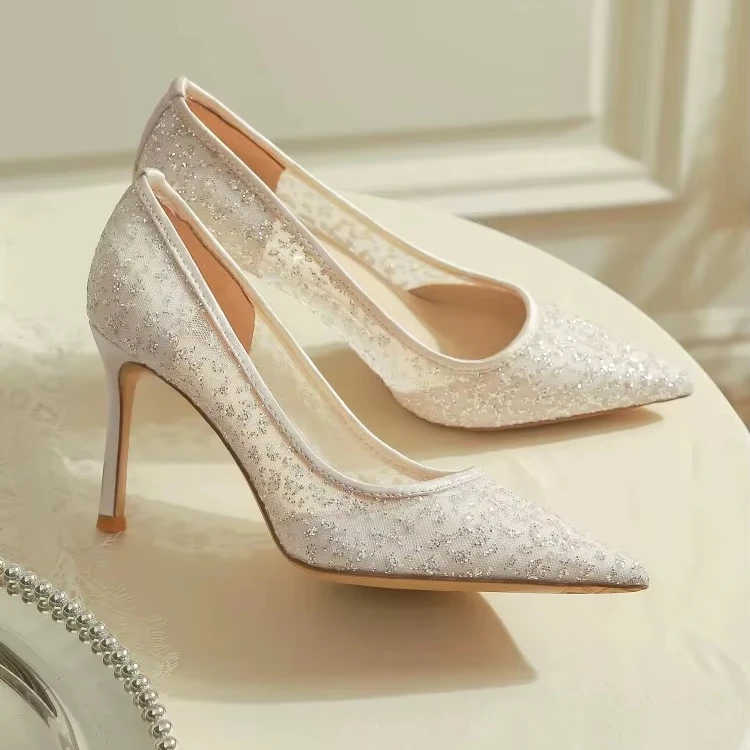 Ladies Bride Shoe Pointed Toe Stiletto Wedding Shoes Set White Lace Mesh 8 Cm Heel Wedding Shoes For Bride