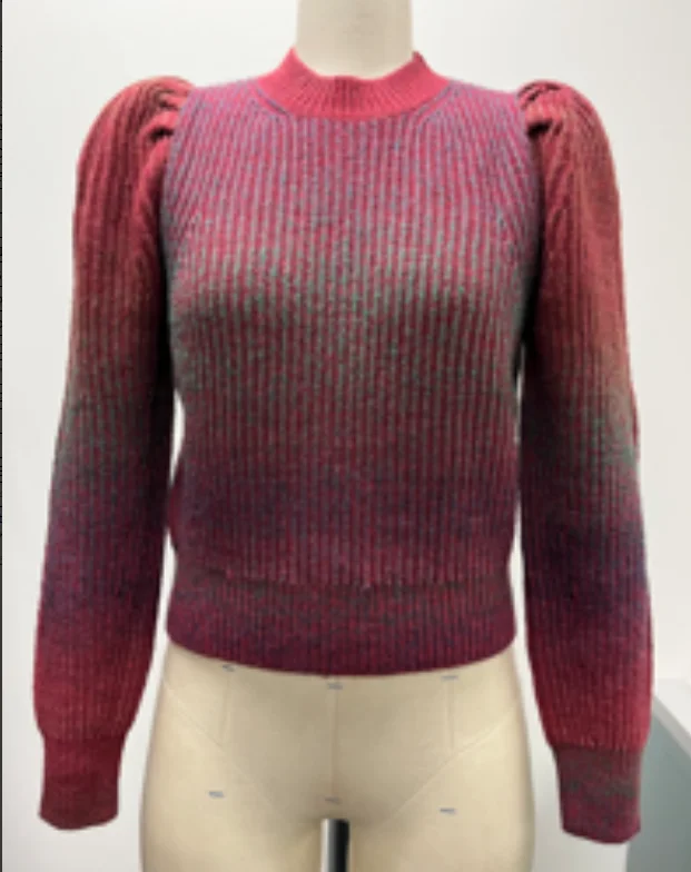 Lady's Red Ribbed Sweater Top, With Bubble Sleeves And A High Collar, Suitable For Daily Commuting.