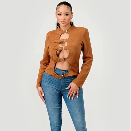 Omen's Stylish Stand Collar Suede Buckle Jacket With Cut-out Front Y2k Trendy Party Outerwear For Winter And Autumn