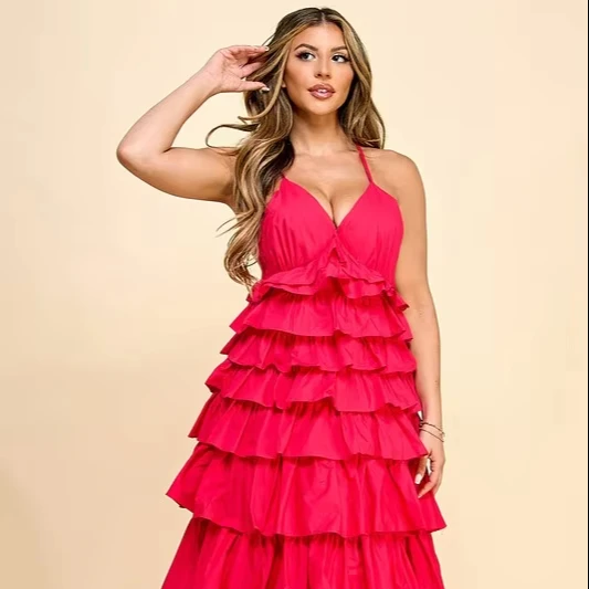 Elegant Ladylike Solid Red Dress V-neck Tiered Ruffles Sweet Style Casual Maxi Length High Waist Women Wear Spring Summer Galas