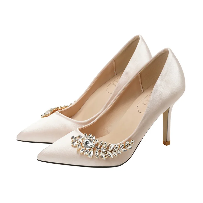 Small And Large Size Pointed Toe Pumps Pyramid Low Heel Rhinestones Wedding Shoes For Bride White