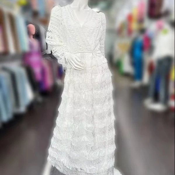 Women's Solid Woven Crocheted Long-sleeved V-neck Maxi Dress With Tiered Fringe Lace And Zippers For Sweet Casual Evening Events