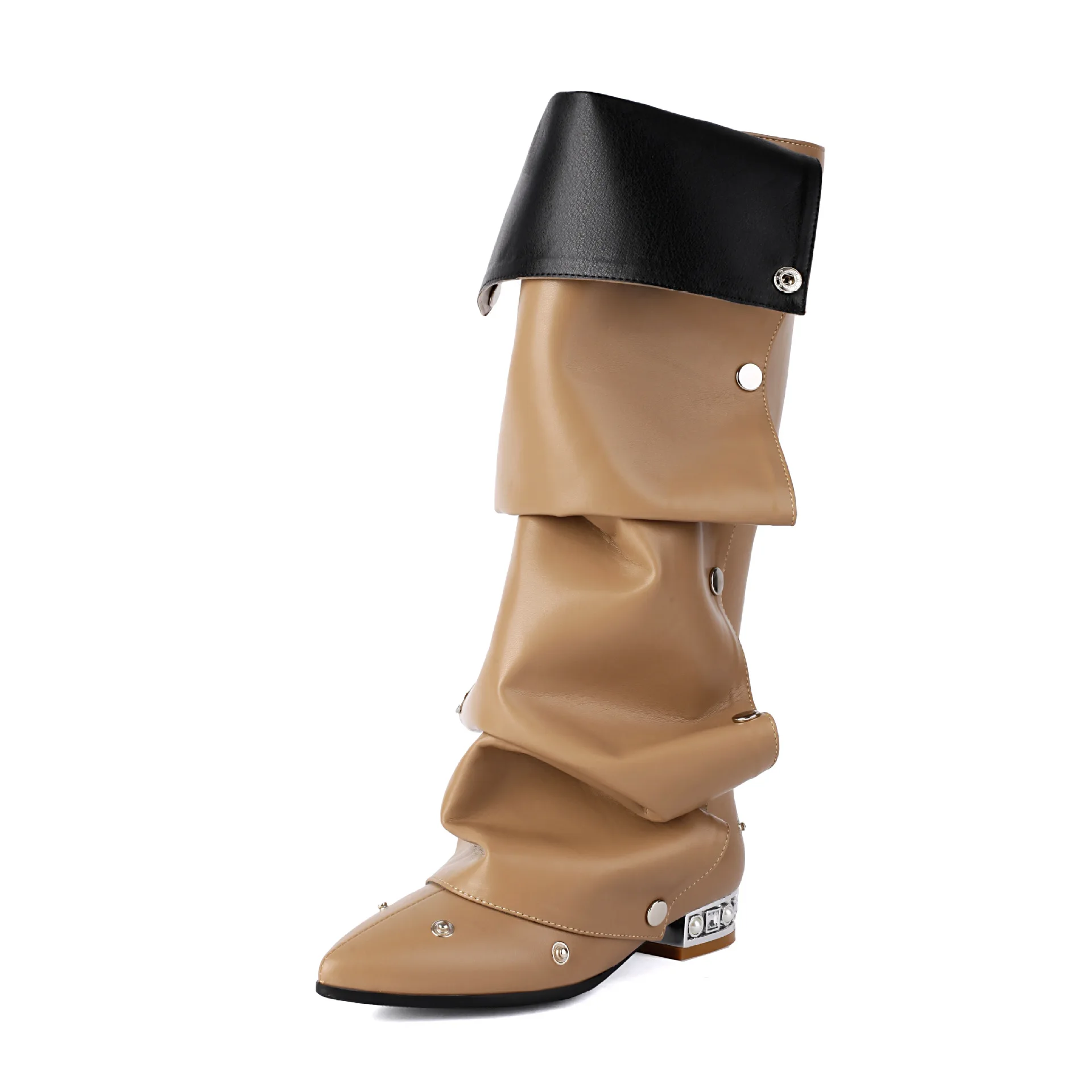 Winter Shoes Plus Size 48 Metal Rivets Black Pleated Upper Flats Square Heels Wide Fit Women Knee High Long Boots