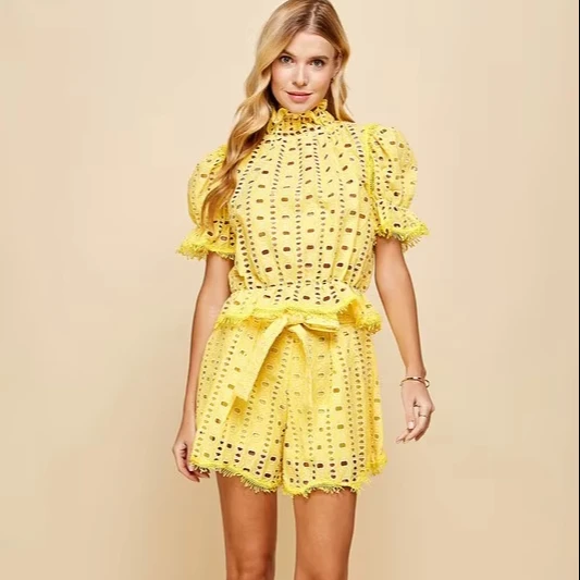 Women's Solid Embroidered Puff Sleeve Two-piece Shorts Set Zipper Closure Ruffled Collar-eyelet Lace Belted For Garden