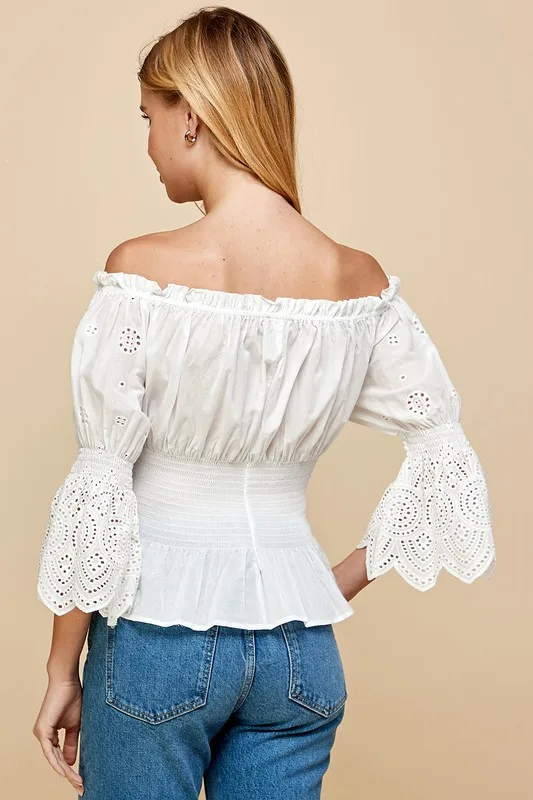 Women's White Off - Shoulder Eyelet Top With Corset - Puff Sleeves, Ruffled Hem, Ideal For Party Gatherings