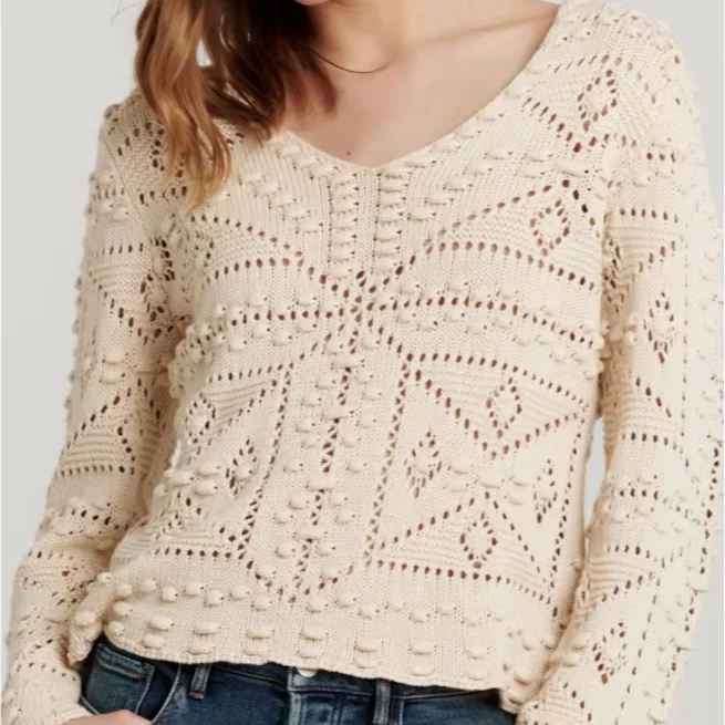 Women's Cream All - Cotton Rib - Knit Sweater - Openwork Design, Bell Sleeves, Ideal For Casual Outings