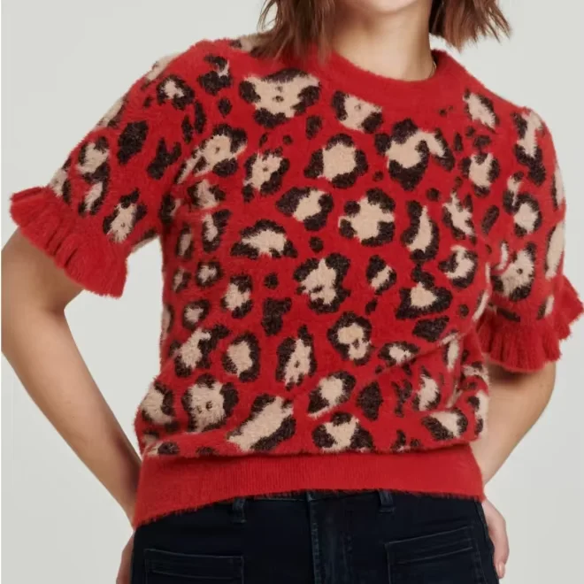 Women's Casual Anti-pilling Short Sleeve Red Sweater Leopard Print Ruffled Cuffs For Daily Wear