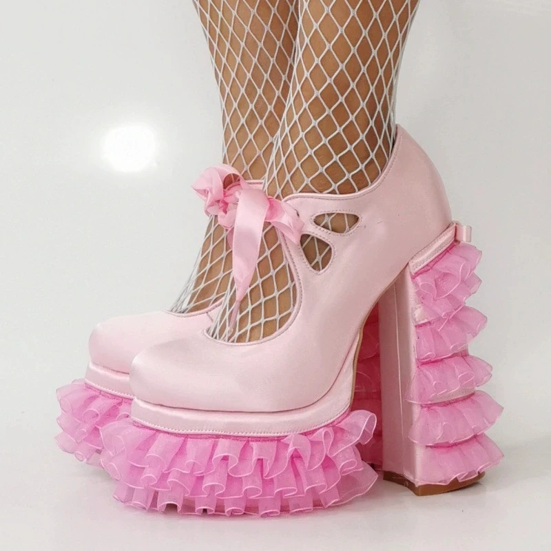 Fashion Cosplay Girls Pink Lolita Lace Fringe Heel Large Size 47 Mary Jane Shoes Chunky Heels Platform High Heels