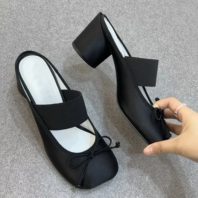 2024 Women Latest Close Toe Chunky Heel Outdoor Slippers Handmade Shoes High Heels Ladies Shoes