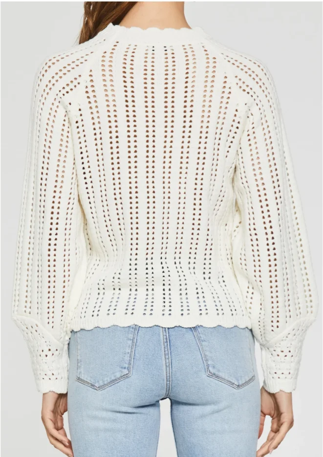 Women's Stylish White Openwork Sweater With Balloon Sleeves Scalloped Hem Geometric Pattern Great For Light Gatherings In Spring