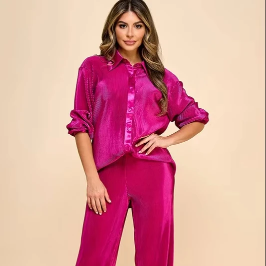 Women's Satin-textured Pleated Two-piece-button-up Shirt, Wide Leg Pants For Daily Commute
