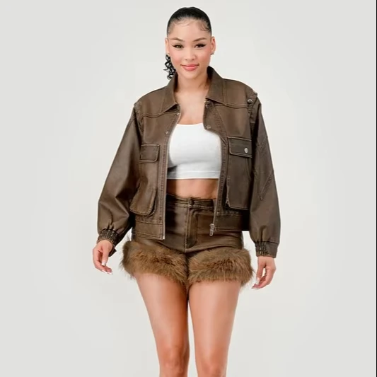 American Fashion Women's Faux Leather Suit Stud Short Jacket And Plush-trimmed Shorts Fashion Two-piece Set