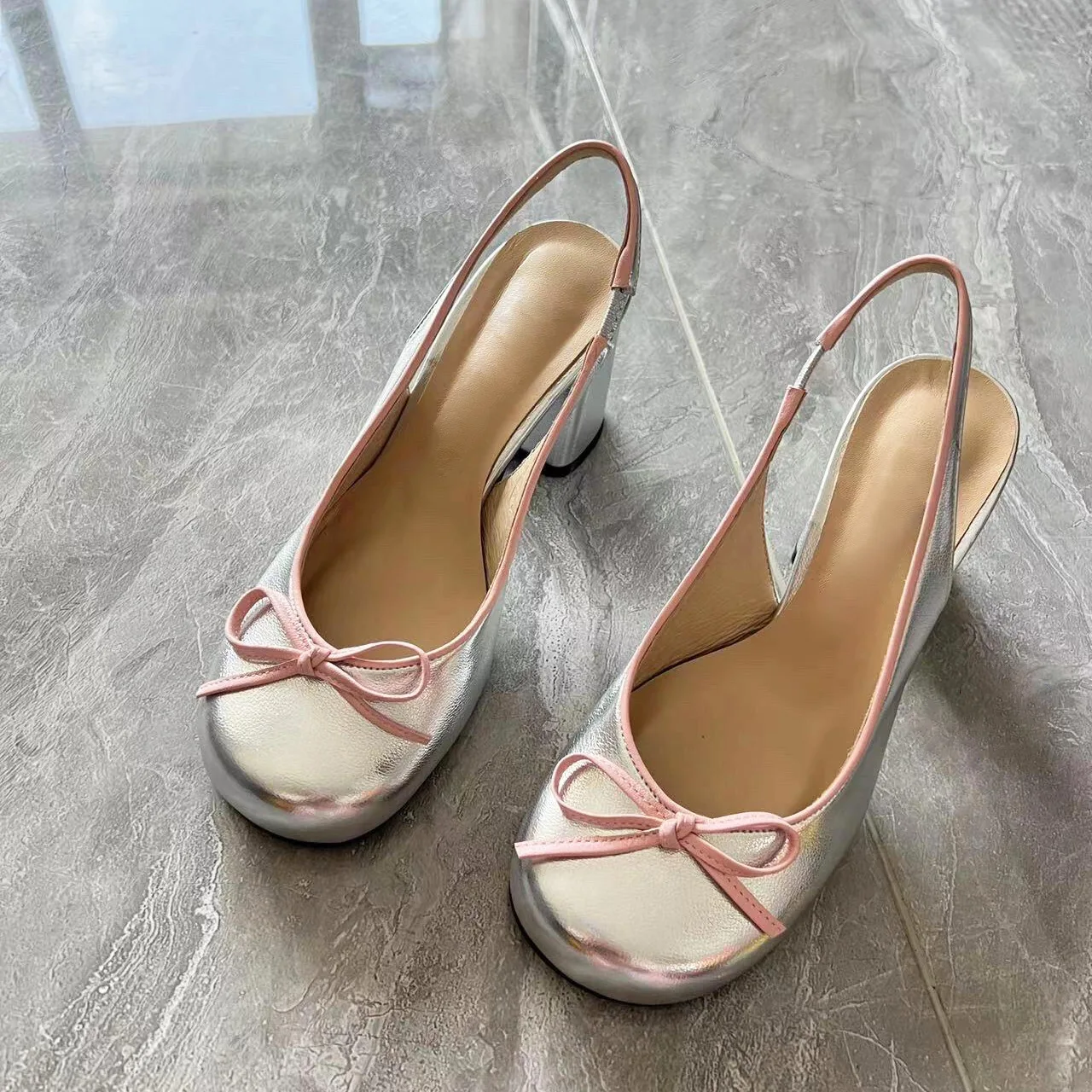 Fashion Ladies Sheep Leather Silver Slingback Pumps Round Toe Elegant Chunky Heels Women High Heels