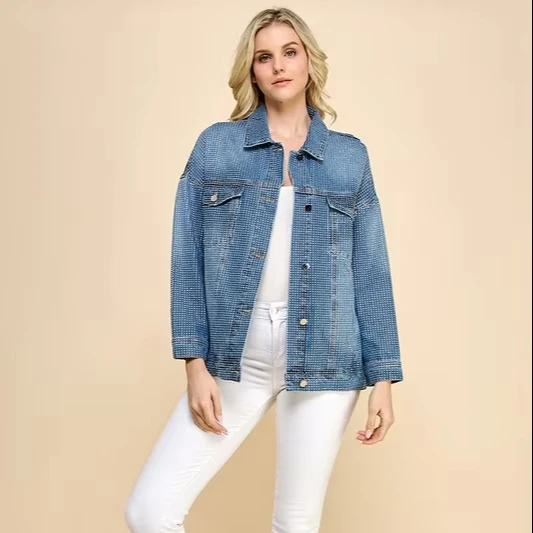 Women's Wash Denim Jacket With Button And Rhinestone Decoration Loose Fit Autumn/winter Vintage Style For Casual Wear