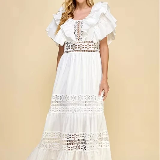 Women's Boho Hollow - Out Dress - White Ruffled Sleeves, Tiered Skirt, Embroidery Details