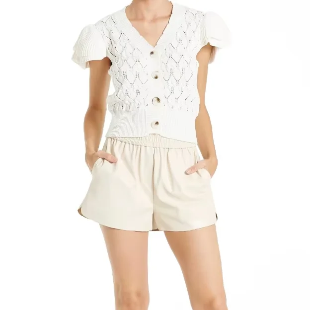 Women's White Woolen Cotton Short Sleeve Open Chest Top-double-layer Ruffled Sleeves, V-neck, Suitable For Leisure