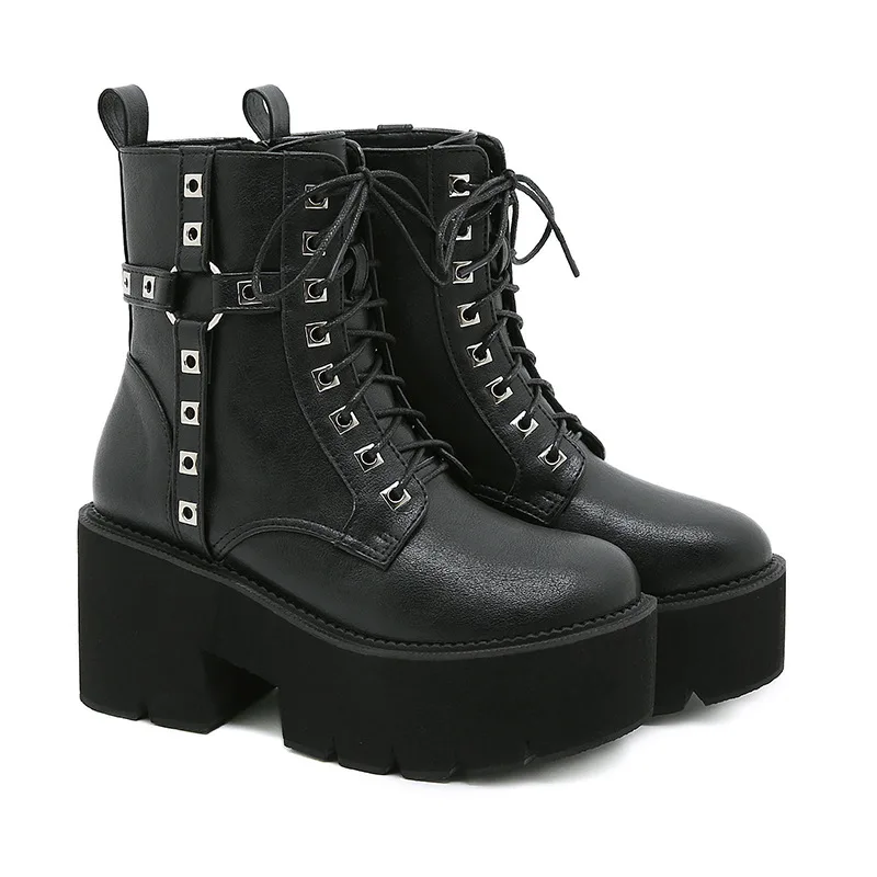 Fashion Gothic Style Thick Sole Round Toe Platform Winter Chunky Heel Rivet Black Leather Women Ankle Boots