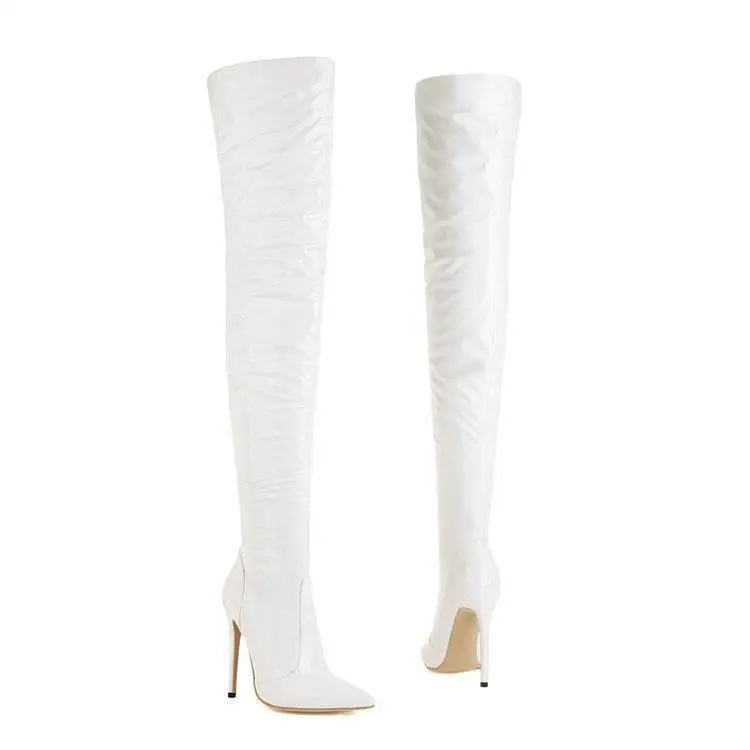Women Fashion Waterproof Leather Shiny Thigh Long Black Elastic Over The Knee High Boots