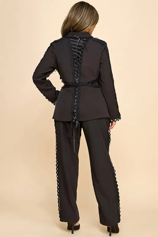 Women's Black Long Sleeve Suit Set Lace Accents Tie Details Button Zipper Hole Decorations Stylish Office Lady Fashion For Galas