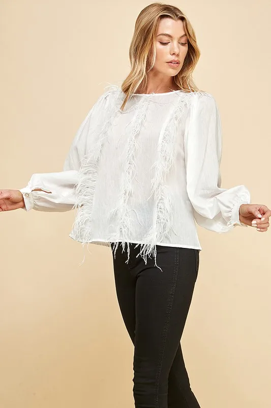 Women's White Feather - Trimmed Blouse - Lantern Sleeves, Elegant Style, Ideal For Party Gatherings