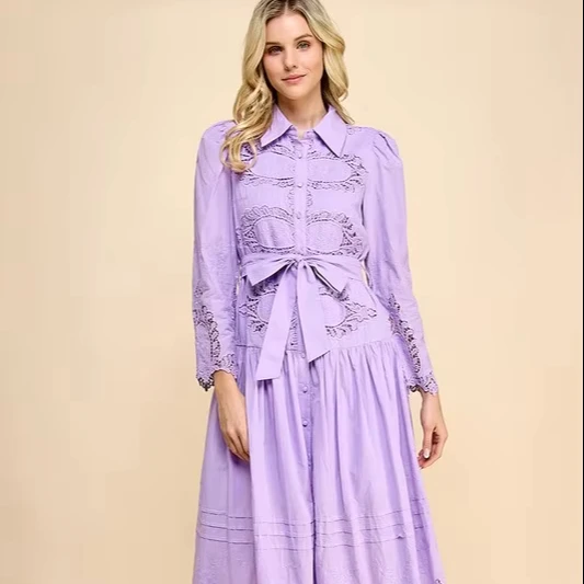 Women's Embroidered Solid Pattern Shirt Dress With Tie Waist Ruffled Trim Button Decoration For Garden Parties