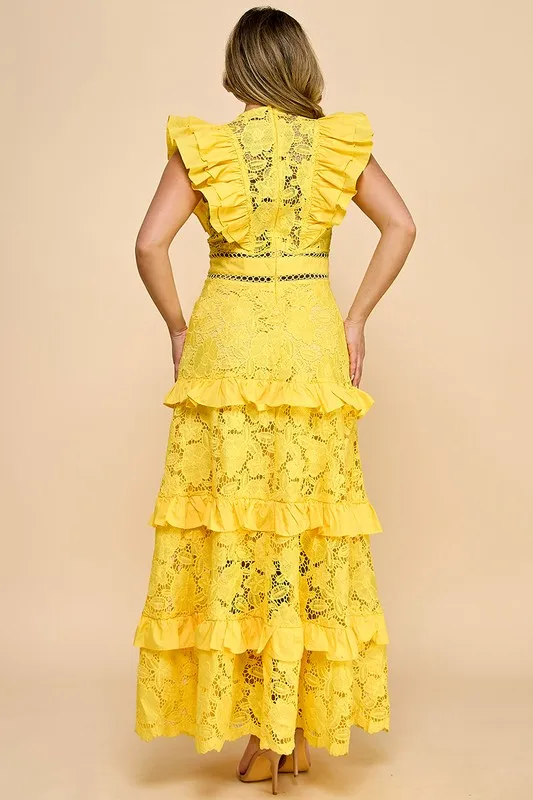 Women's Tiered Ruffle Lace Dress - V - Neck, Layered Frills, Ideal For Garden Parties