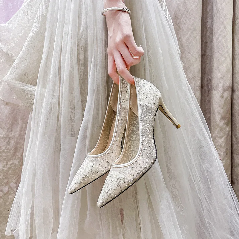 Crystal Sequins Women's Stiletto Heels White Beige Bridal Shoes Mesh Wedding Party Dress Banquet Dress Pumps