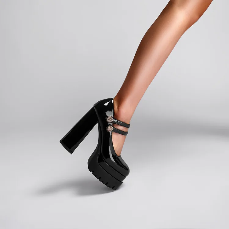 Fashion Women High Heel Pumps Patent Fabric Square Toe Elegant Female Platform Chunky Heels Mary Jane