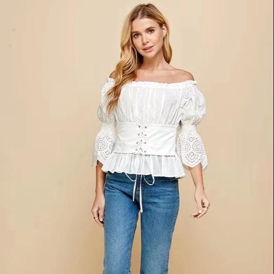 Women's White Off - Shoulder Eyelet Top With Corset - Puff Sleeves, Ruffled Hem, Ideal For Party Gatherings