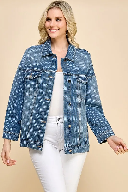 Women's Wash Denim Jacket With Button And Rhinestone Decoration Loose Fit Autumn/winter Vintage Style For Casual Wear