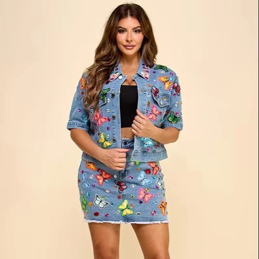 Women's Cute Embellished Denim Summer Suit Skinny Short Jacket & Skirt With Butterfly Decal For Music Festival Vacation Travel