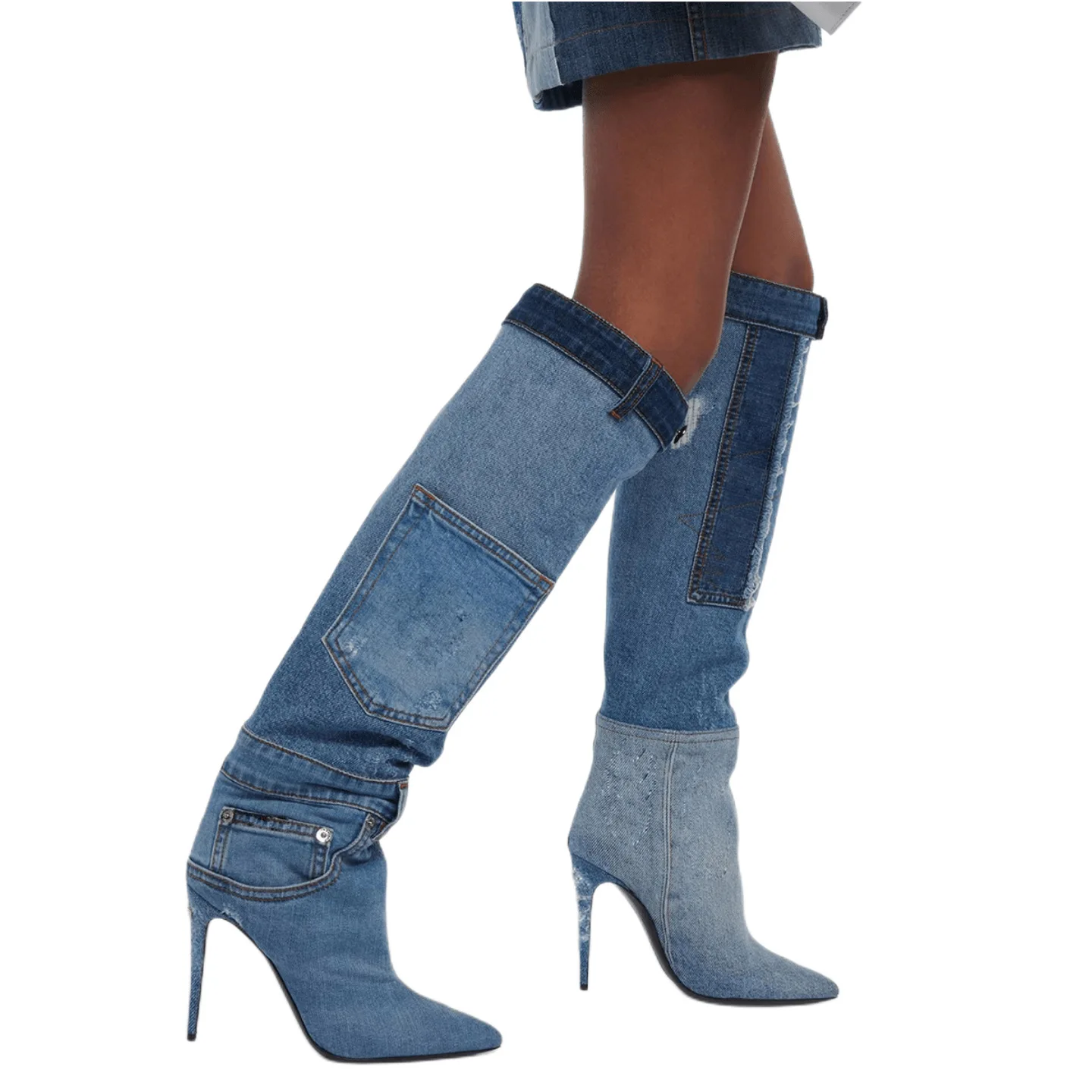 2023 Autumn Winter High Heeled Cowboy Boots Washed Pocket Sexy Party Denim Women Over The Knee High Boots