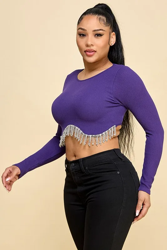 Women's Knitted Seamless Long Sleeve Slim Fit Jacket Top For Nightclub Outings Music Parties Rhinestone Tassels