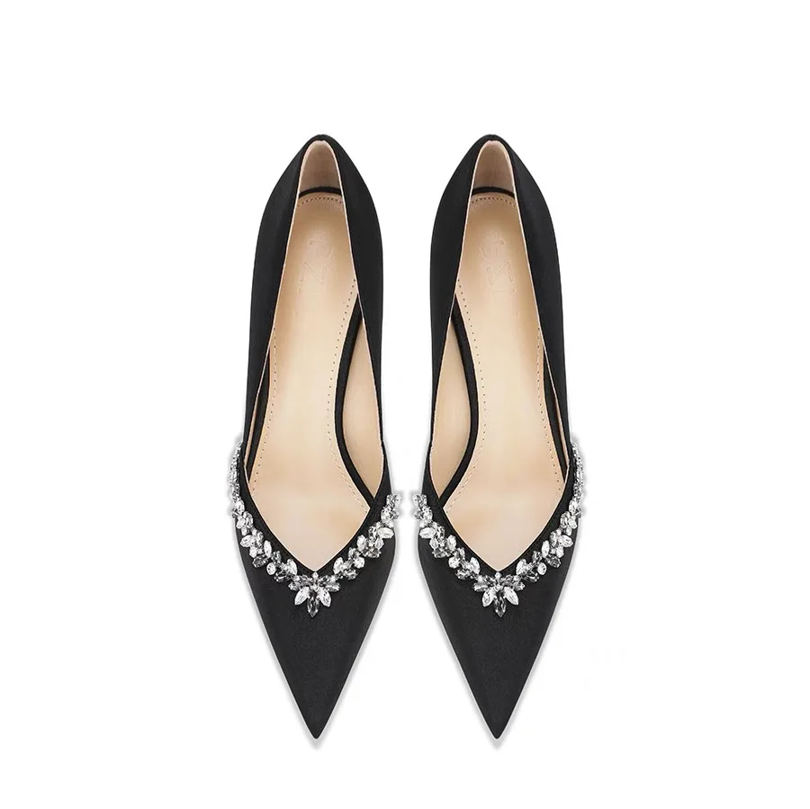 Elegant High Heels Black Dress Shoes Ladies Rhinestone Stiletto Heels Satin Bridal Shoes Women High Heels Pumps