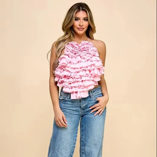 Ladies' One-piece Off-the-shoulder Cake Ruffle Backless Strap Top