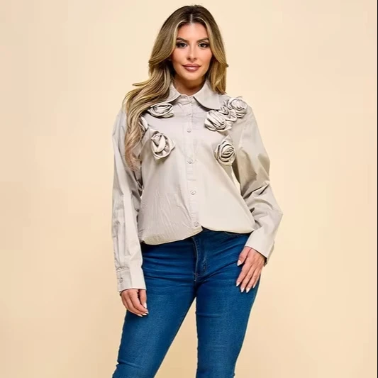 Women's Brunch Date Oversized Shirt 3d Floral Accents Long Y2k Style Vintage Fashion Great For Light-hearted Winter Outings