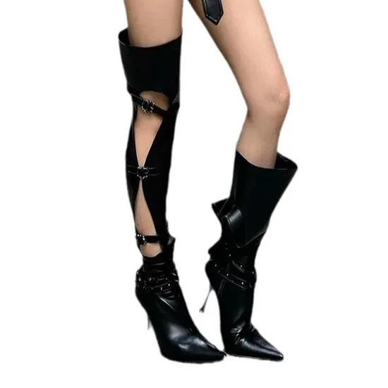 2024 New Style Ladies Leather Knee High Pointed Toe Knight Sandals Hollow Boots High Heel Boots Women Shoes Knee-high