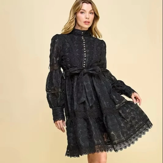 Ladies' Woven Short Dress With Natural Waistline Transparent Lace Trim And Circular Embroidery Button Decoration