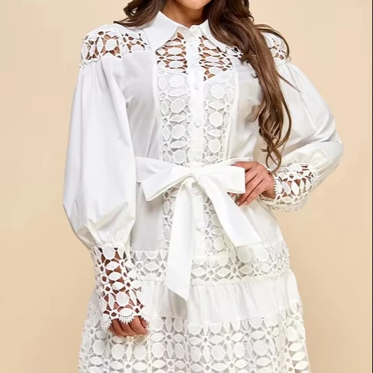 Ladies' Casual Floral Embroidery Short Dress With Lace Trim Natural Waist Woven Weaving Method Button Decoration