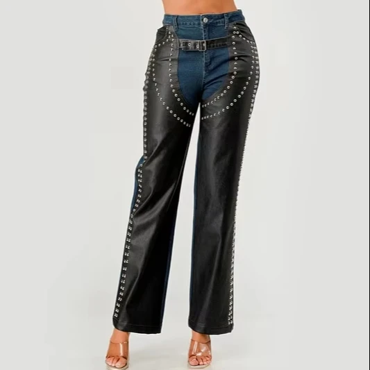 Ladies' Stylish Denim And Leather Riveted Long Pants