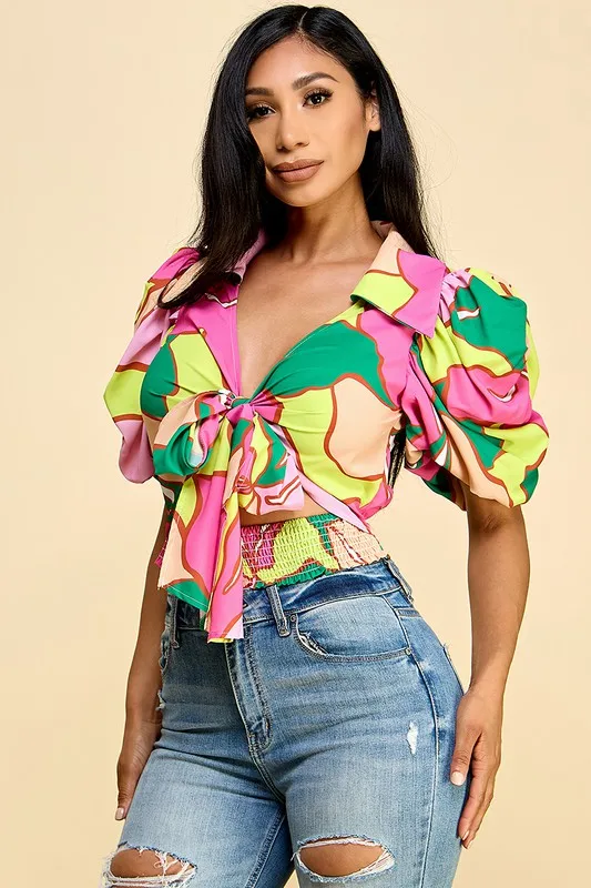 Women's Sexy Floral Summer Spring Short Sleeve Blouse-vibrant Color Puff Sleeves Tie-front For Casual Wear