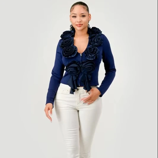 Women's Romantic Retro 3d Flower Jacket European And American Designer V-neck Zipper Autumn Knitted Unique Niche Product