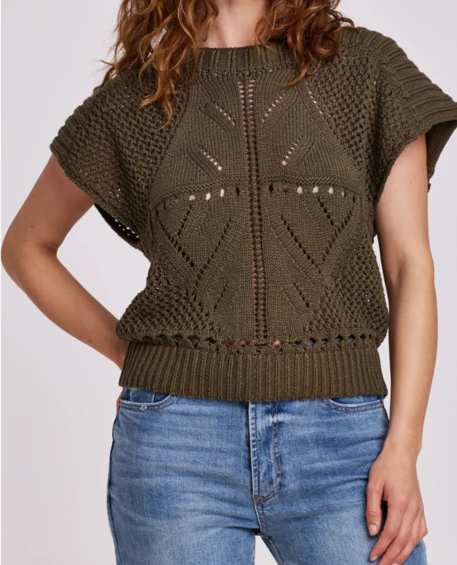 Olive Green Jacquard Crochet Women's Sweater With Short Sleeves Casual Style For Commuting And Daily Wear