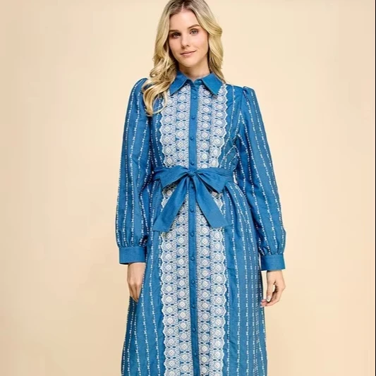 Women's Casual Lace-up Maxi Denim Shirtdress With Embroidered Trim And Puff Sleeves For Weekend Brunch