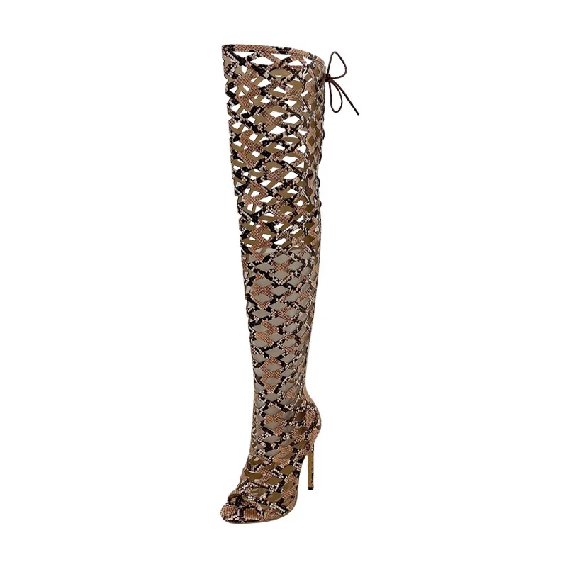 Snake Print Summer Ladies Hollow Out Over The Knee Highzipper And Lace Up Tie Peep Toe Women Thigh High Boots