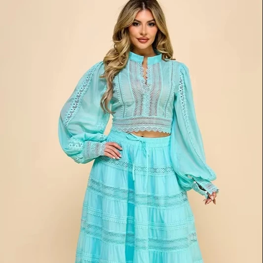 Women's Crochet Two-piece Set Solid Short Skinny Embroidered Tiered Skirt Casual Sheer Lantern Sleeves For Beach Vacations
