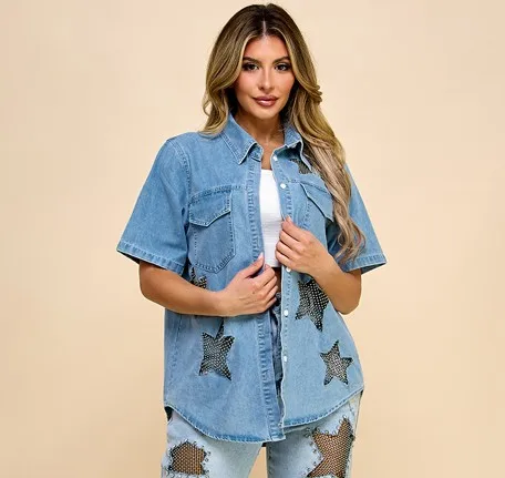 Women's Short Sleeve Denim Shirt With Star Mesh & Diamond Hollow Design Button Decoration For Music Festival Summer Style